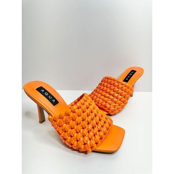 AQUA Woven Sandals Womens Size 7 Orange Slip On High Heel Square Toe NEW - Picture 8 of 11